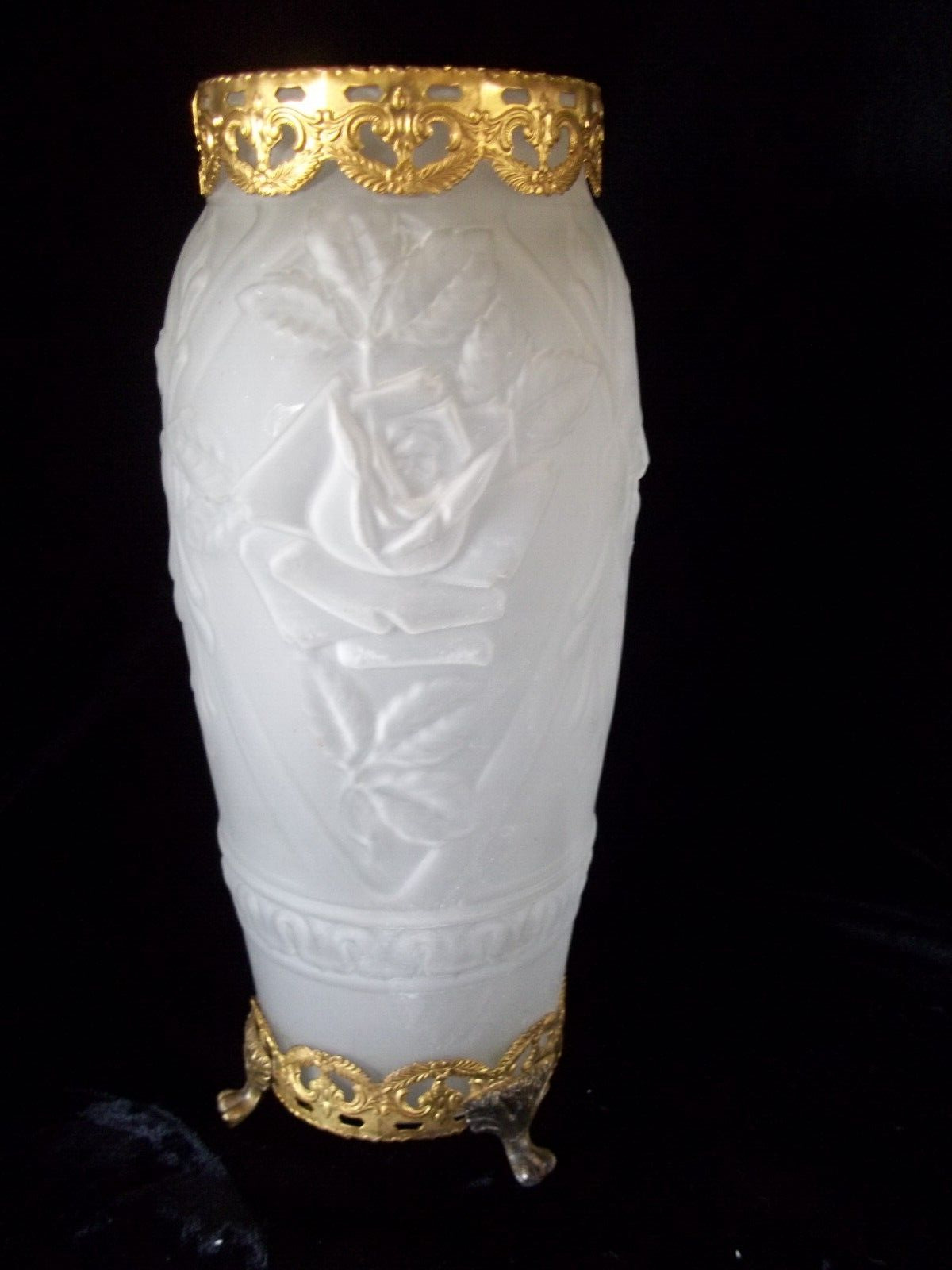 Vintage Barolac Josef Inwald  Roses frosted 3D Vase gold tone footed filigree