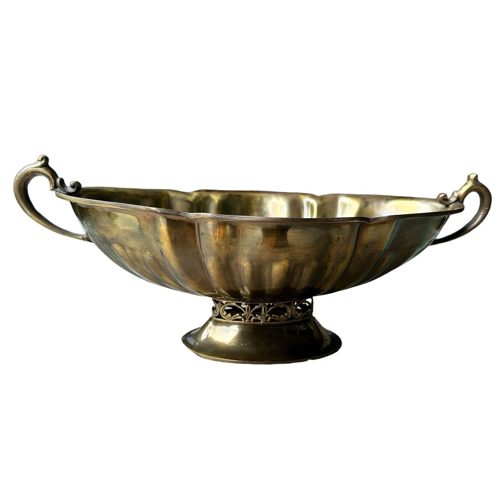 Vintage Nora Fenton Brass Bowl Filigree Scallop Pedestal Double Handle Italy 13\