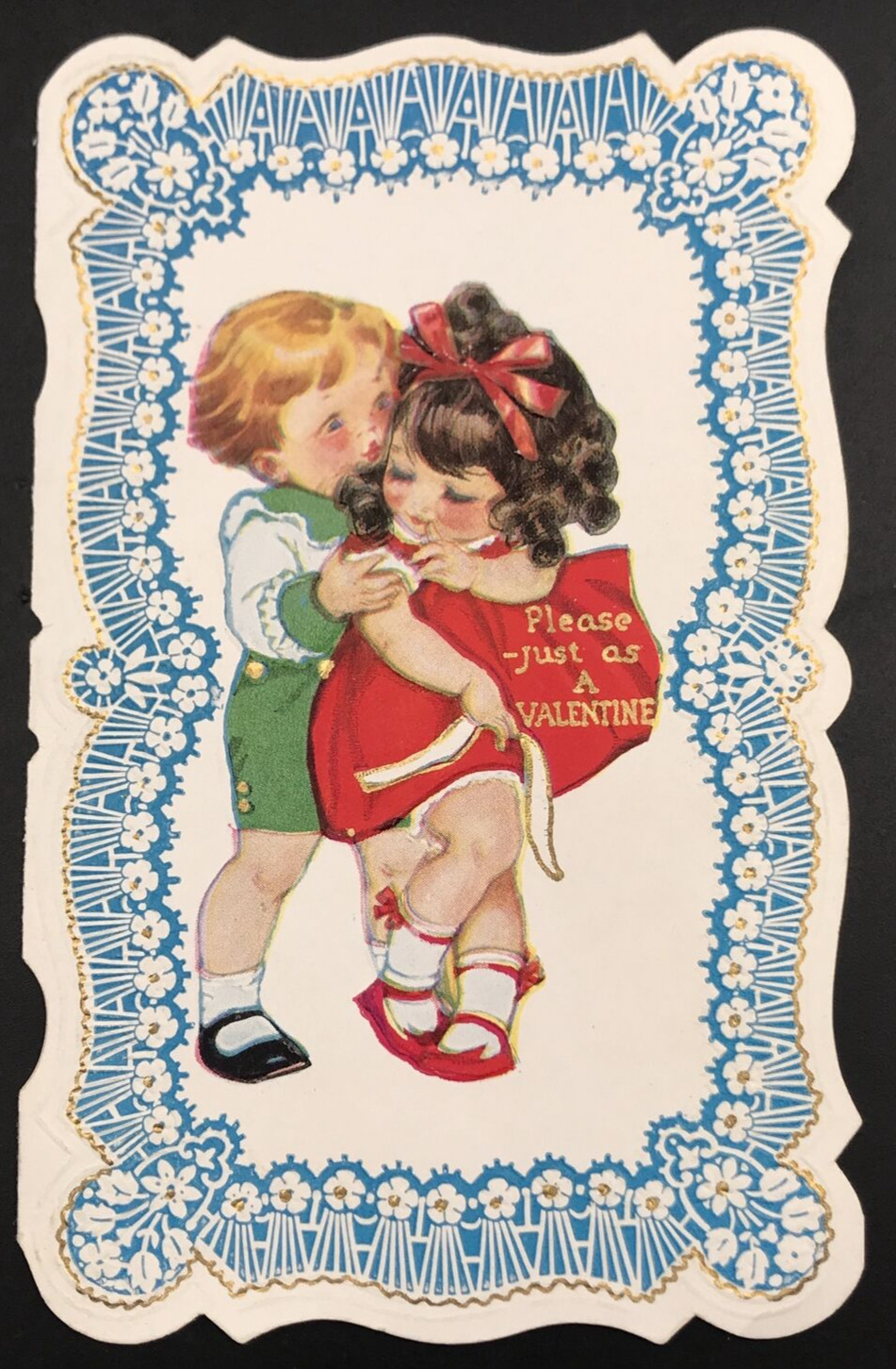 Antique c1920s Victorian Diecut Embossed Boy Kissing Bashful Girl Valentine Card