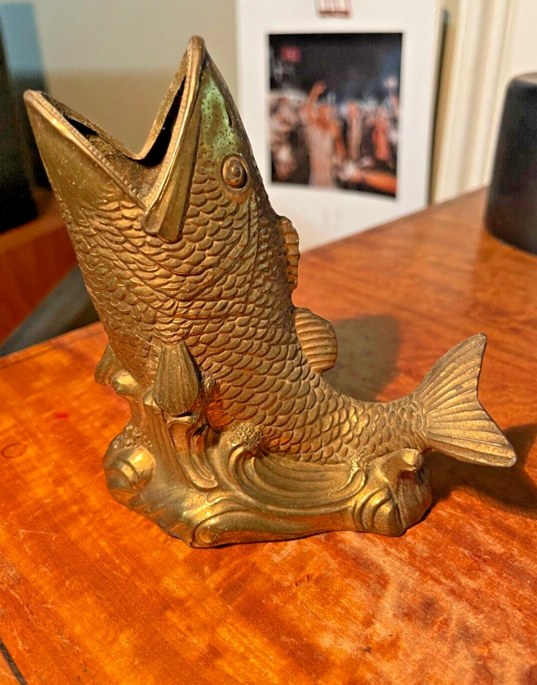 Vintage JENNINGS BROTHERS JB Art Deco Bronze Brass Fish Vase Open Mouth Holder
