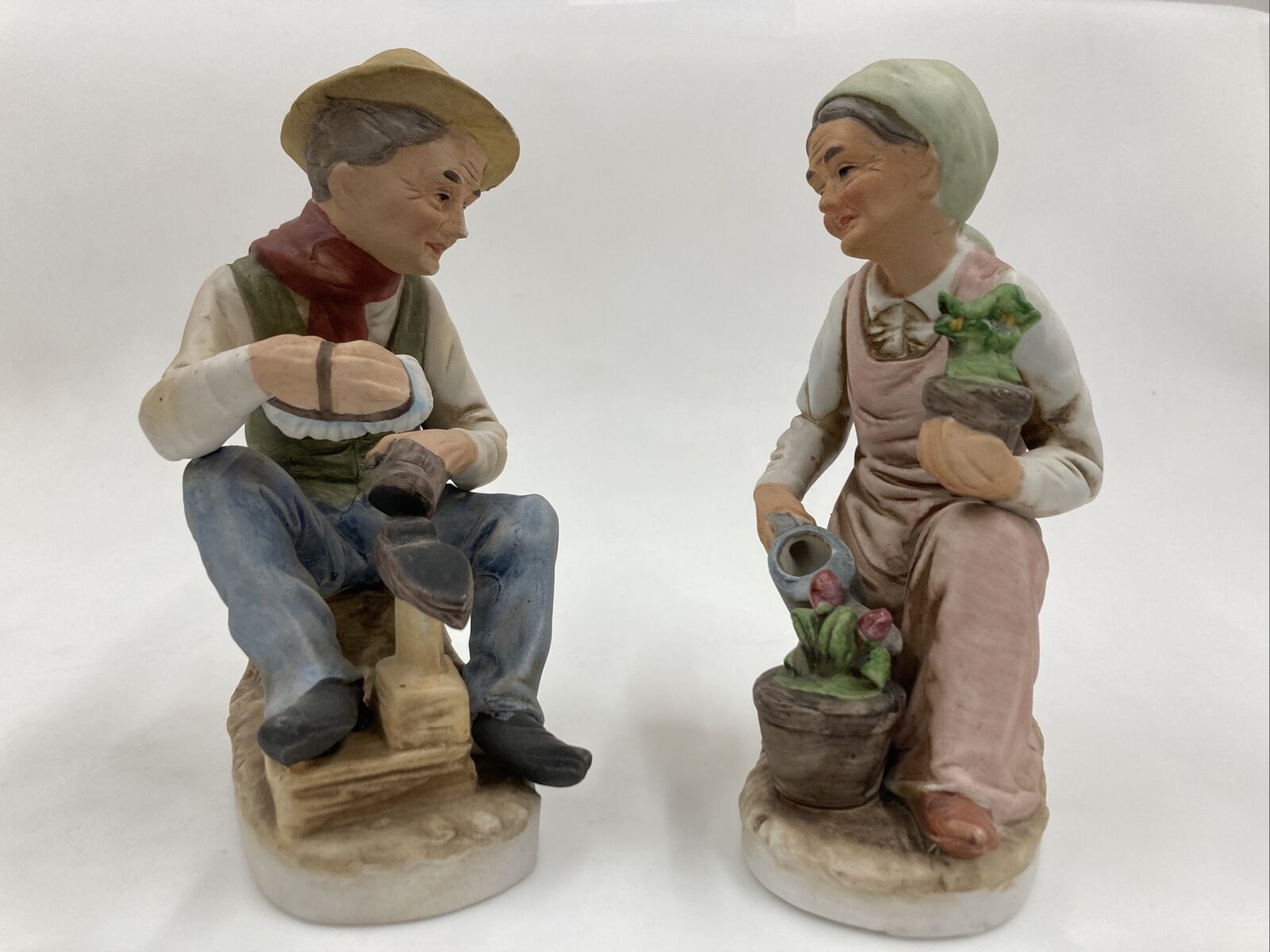 Vintage Porcelain Elderly Couple Figurines Shoe Shine And Gardening 6-3/4” Tall