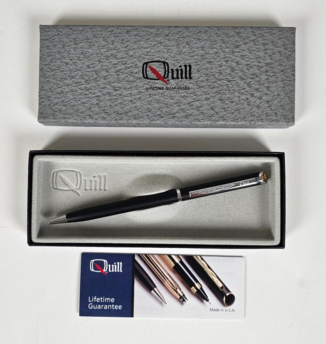 Quill Pen In Its Original Box/Case Matte Black Silver Trim Blue Ink Made In USA