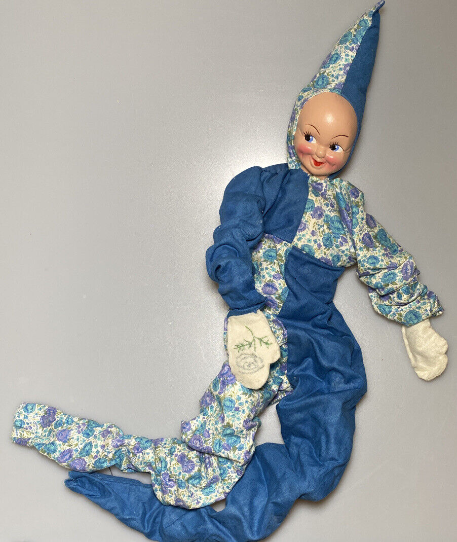 Vtg Rubber Face Clown Doll Collectible Blue Eyes Floral Fabric Snow Mittens Hat