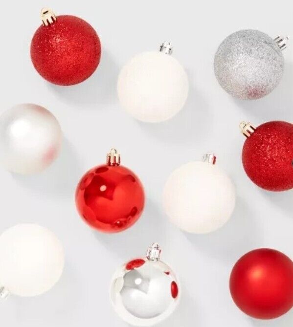 50ct Target Red Silver White Shatter Resistant Christmas Tree Ornaments Set Pack