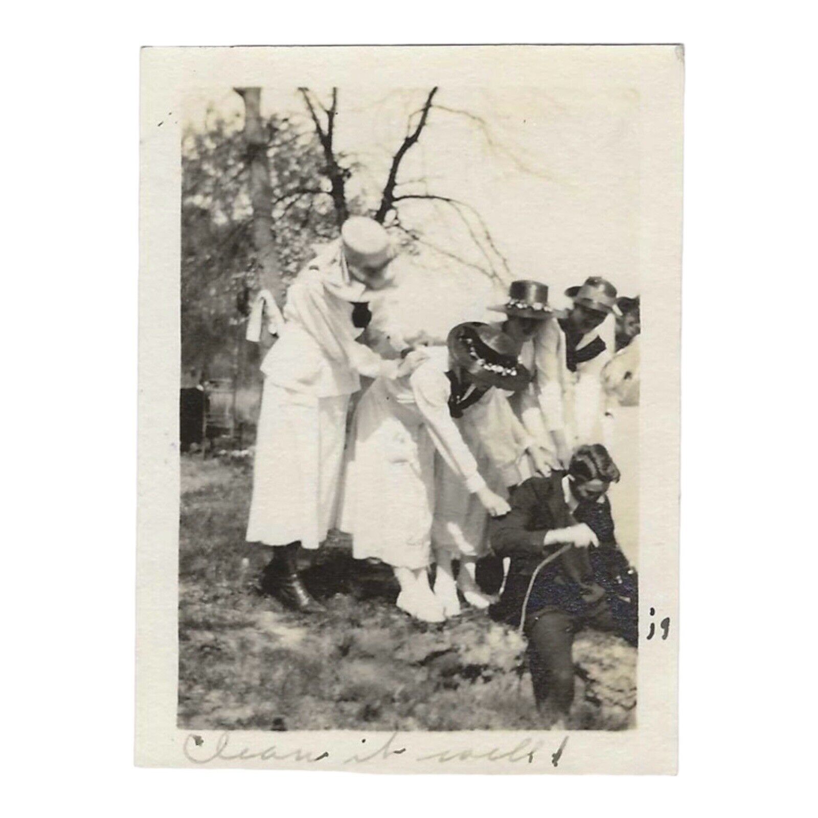 Vintage Snapshot Photo Group Of Women Posing With Man Captioned Clean It Well