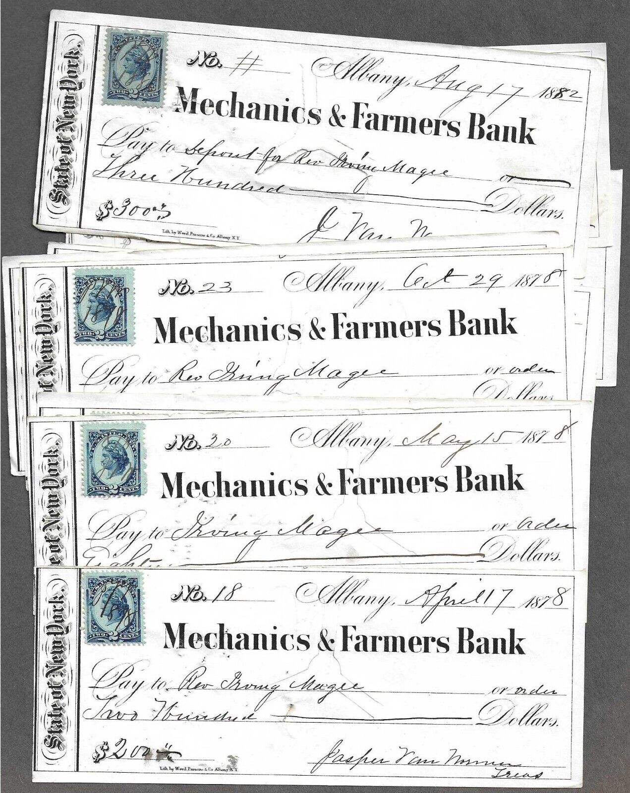 10 Albany New York Bank Checks 1878-1882