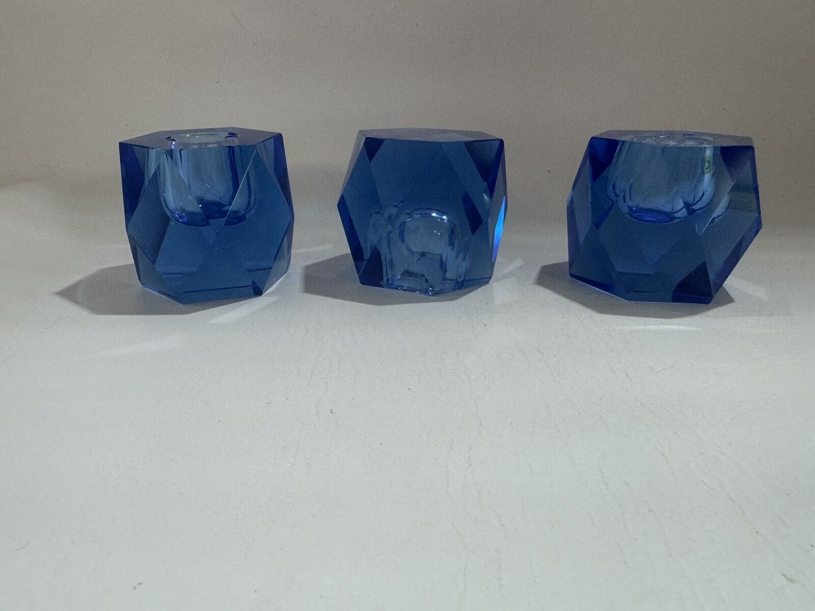 Set  Of  3 Cobalt Blue  Candle Holders Geometric Diamonds  MCM 2.5