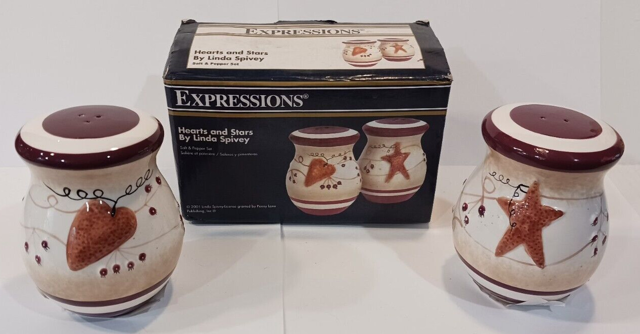 2001 Expressions Linda Spivey Hearts & Stars Earthenware Salt~Pepper Shaker Set
