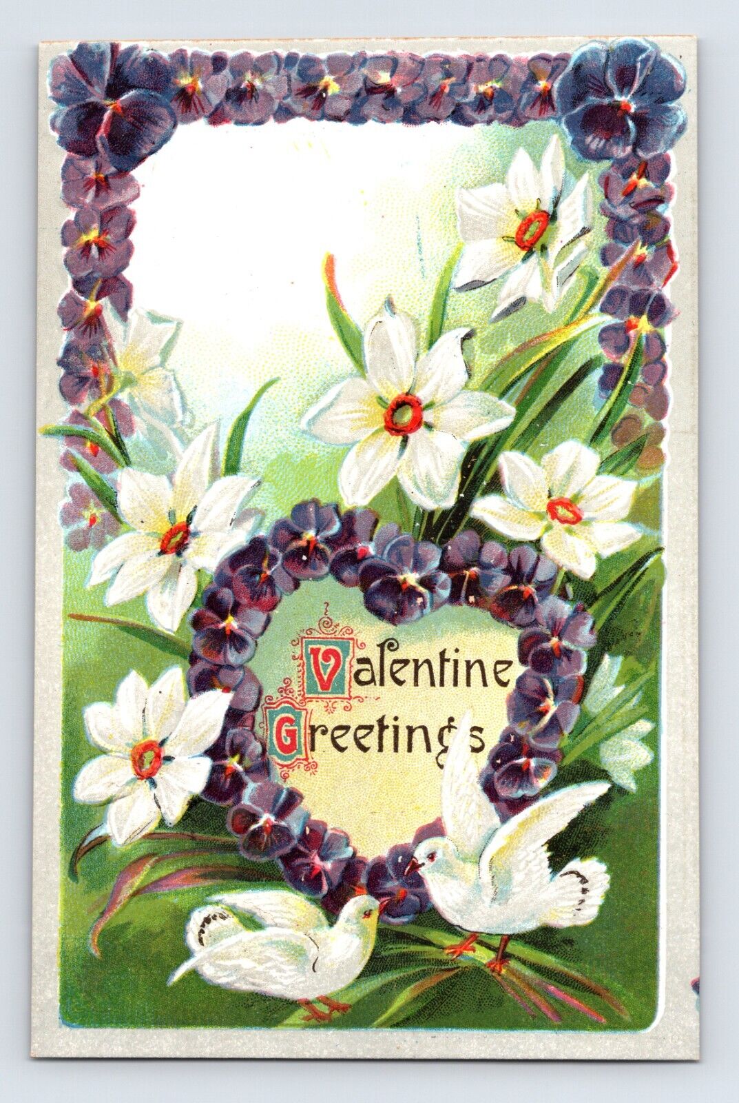Postcard Valentine\'s Day White Dove Purple Pansy Wreath 1910s Unposted Divided