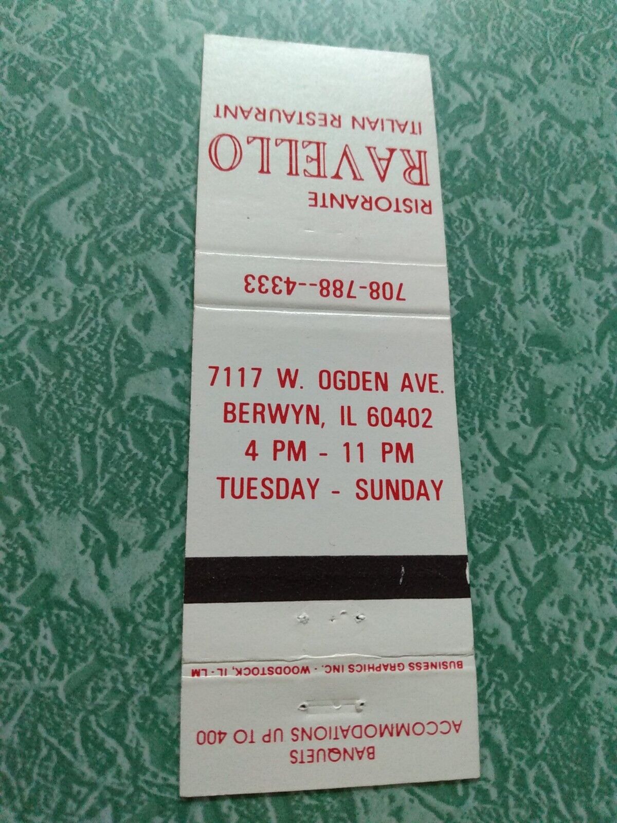 Vintage Matchbook Ephemera Collectible J10 Berwyn Illinois ravello Italian