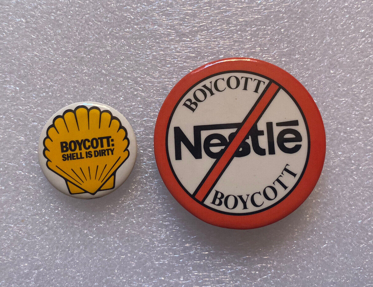 2 Vintage Buttons Boycott Nestle Baby Formula + Boycott Shell is Dirty Pin