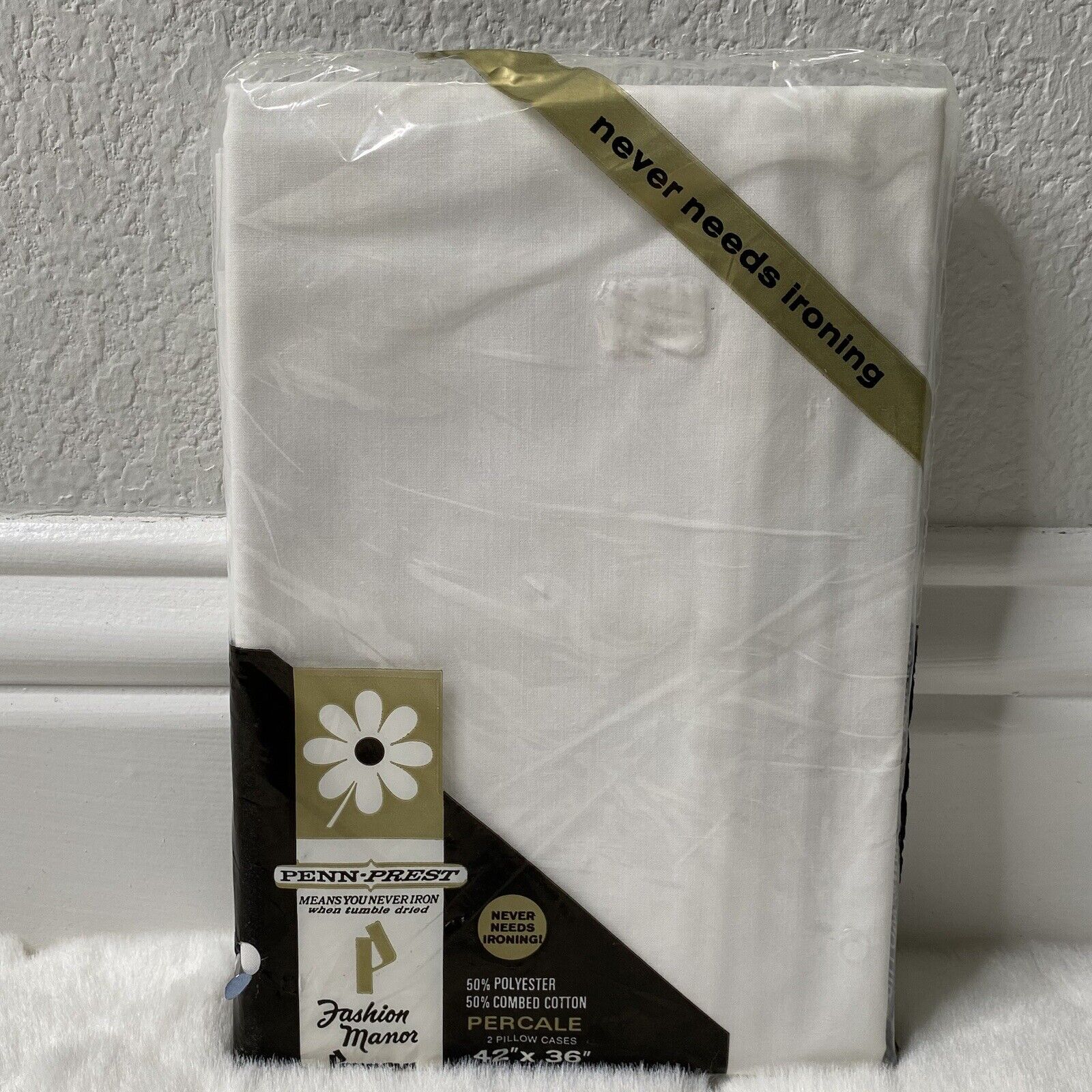 Vintage Penneys Fashion Manor Percale White Cotton Polyester Pillow Cases 42x36