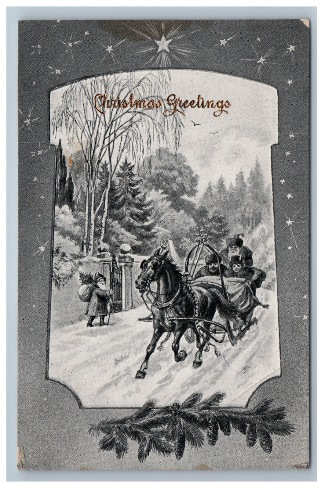 Early  B&W Gel Christmas Greeting Postcard Santa Walking Horse Carriage Germany