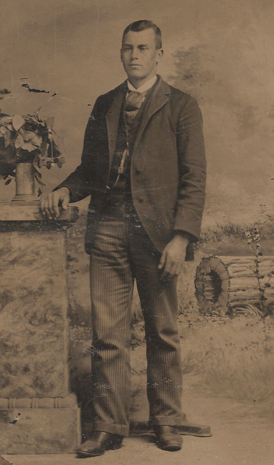 Vintage Antique Tintype Photo Young Man Portrait Standing Period Clothing Attire