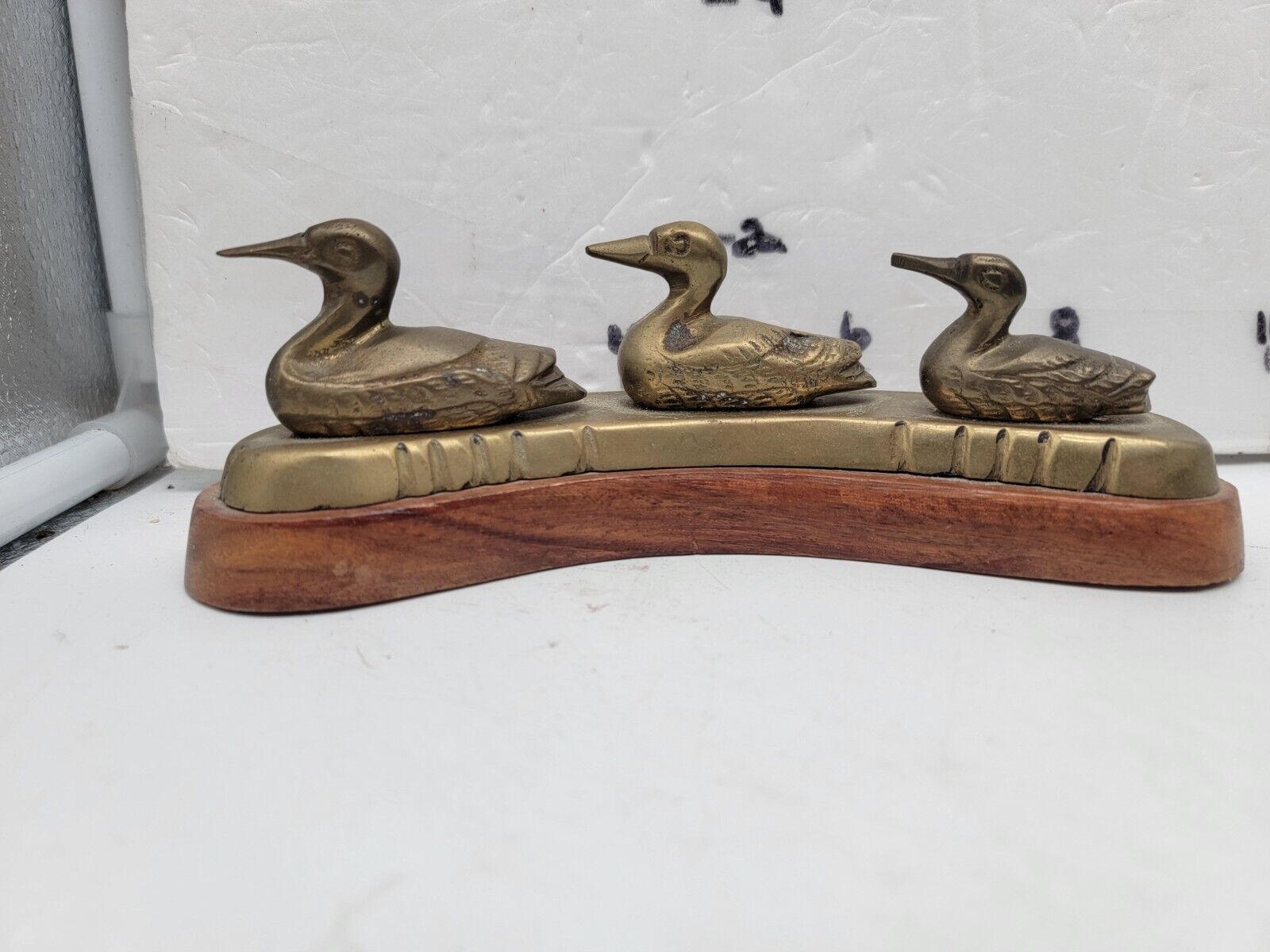 Vintage  Brass Ducks Mounted on Wooden Base, 7”L X 2.25”T