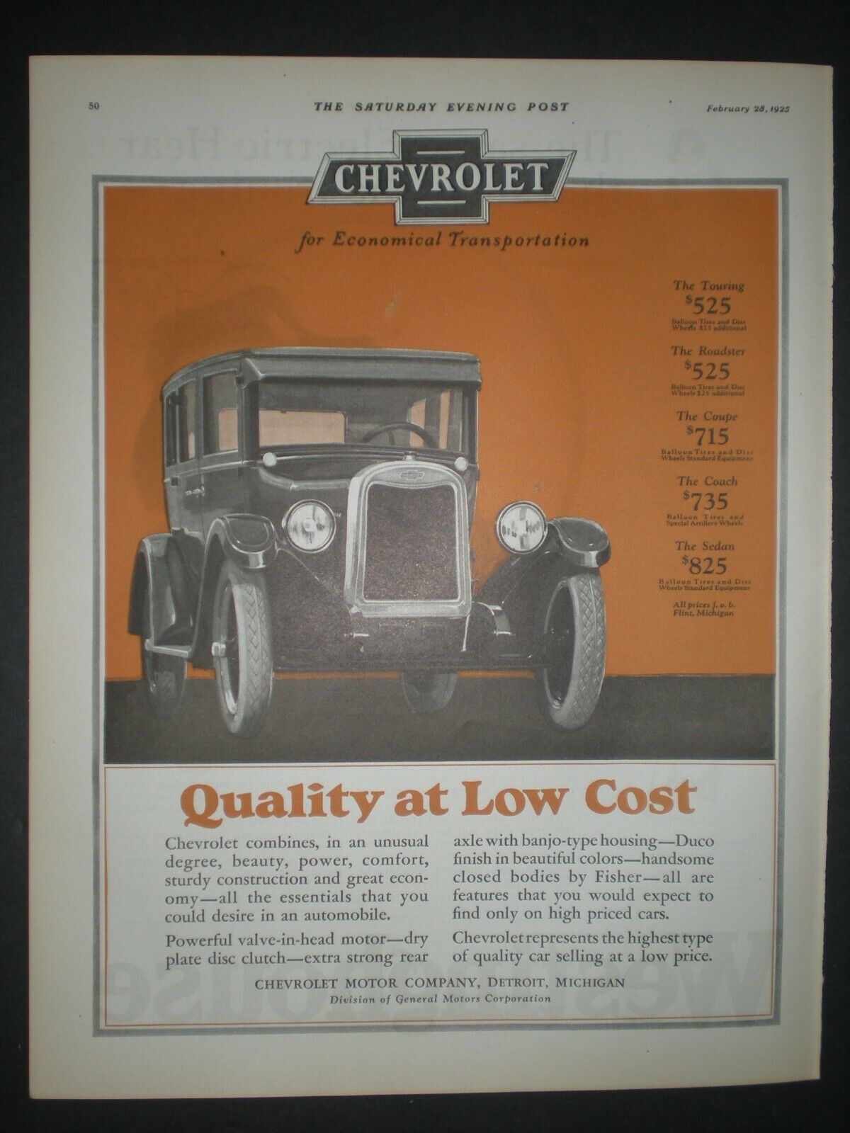 1925 CHEVROLET TOURING AUTOMOBILE MOTOR CAR DETROIT MICH art trade print ad