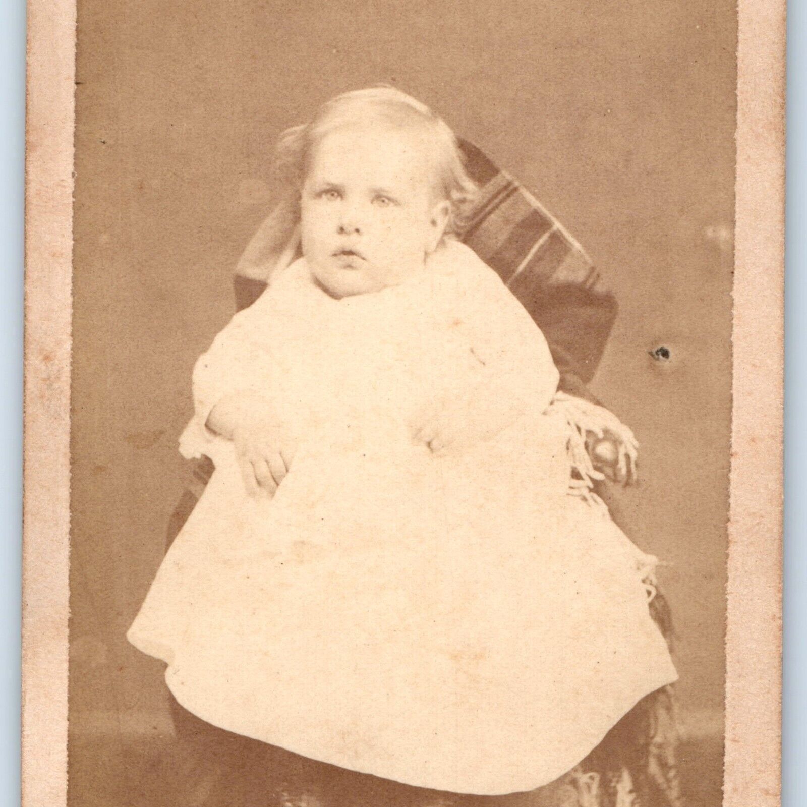 c1870s Cute Baby Boy Sitting Chair White Dress CdV Photo Card Antique H27