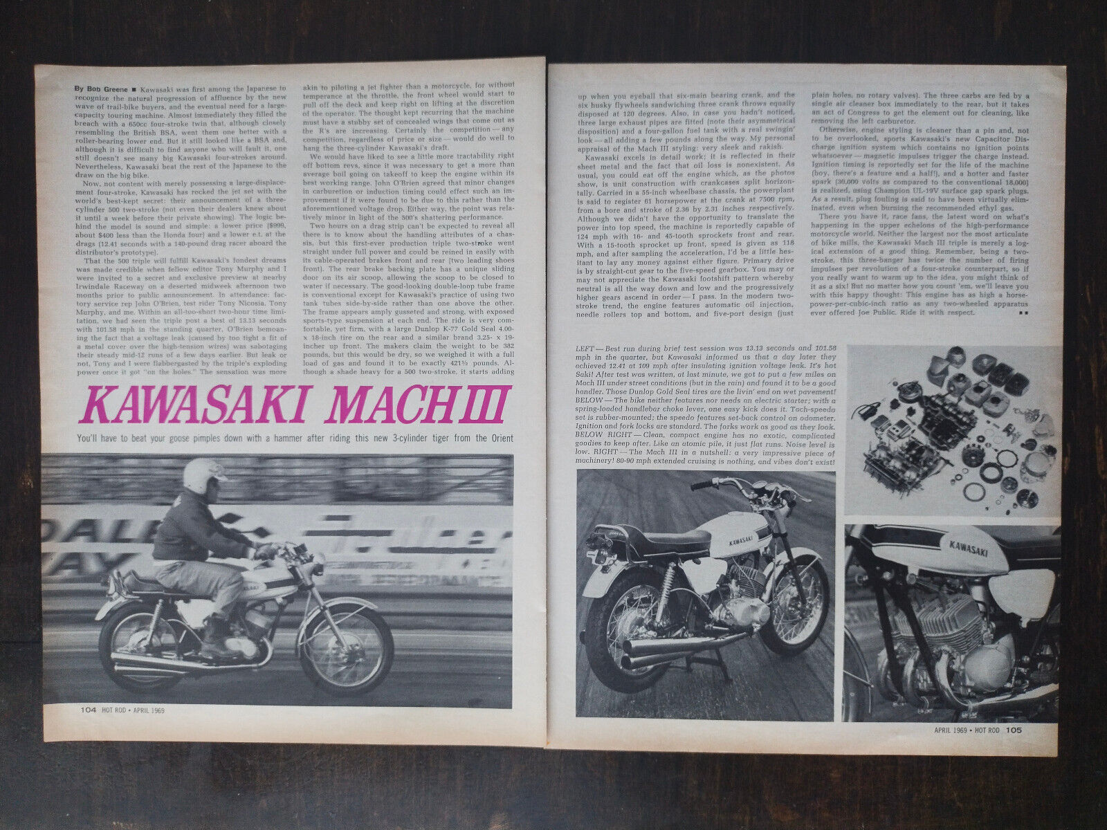 Vintage 1969 Kawasaki Mach III Motorcycle 2-Page Original Article 1223