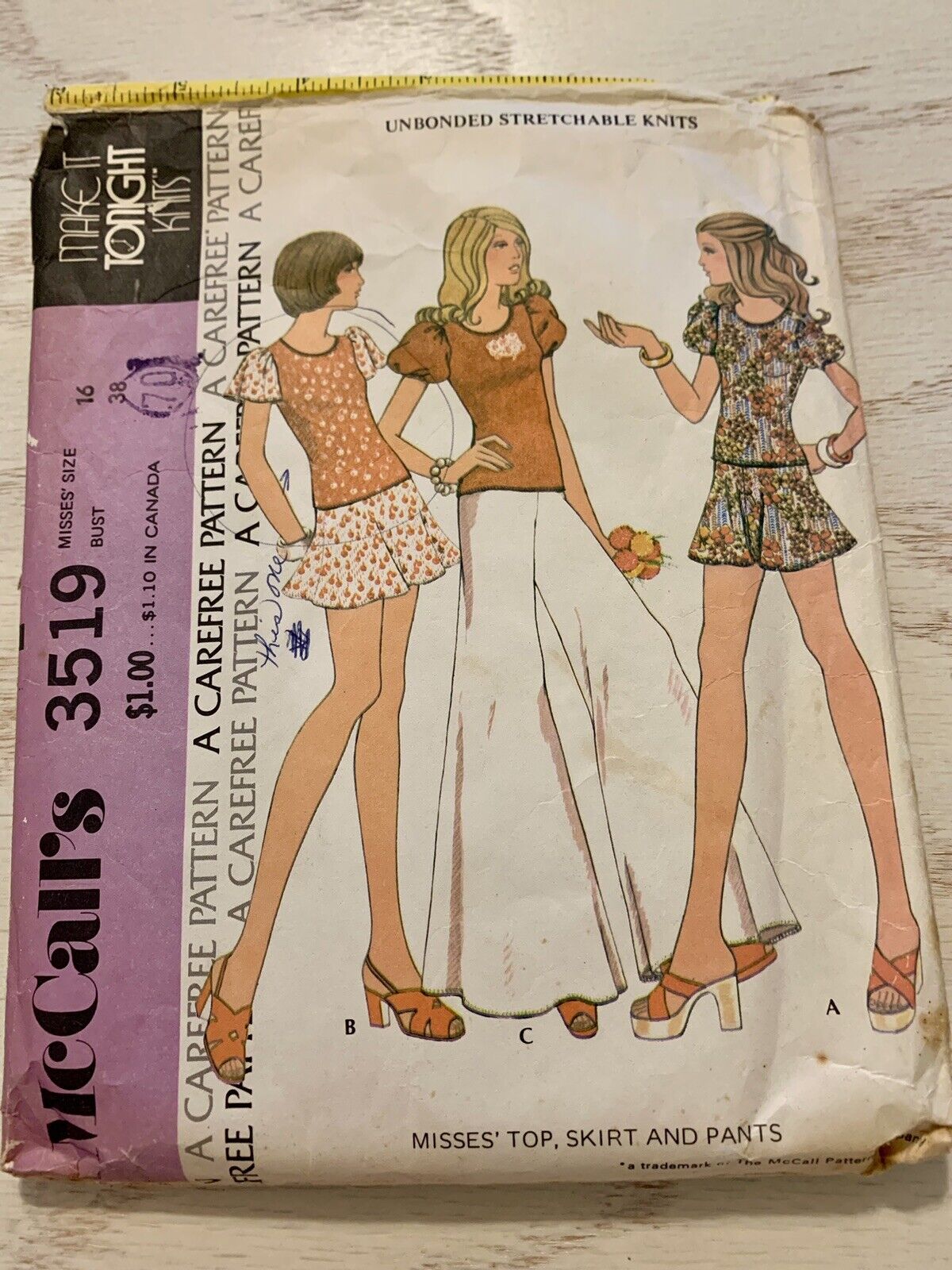 1970s McCalls 3519 Top Skirt Bell Bottoms Size 16 Bust 38 Waist30 Hip 40