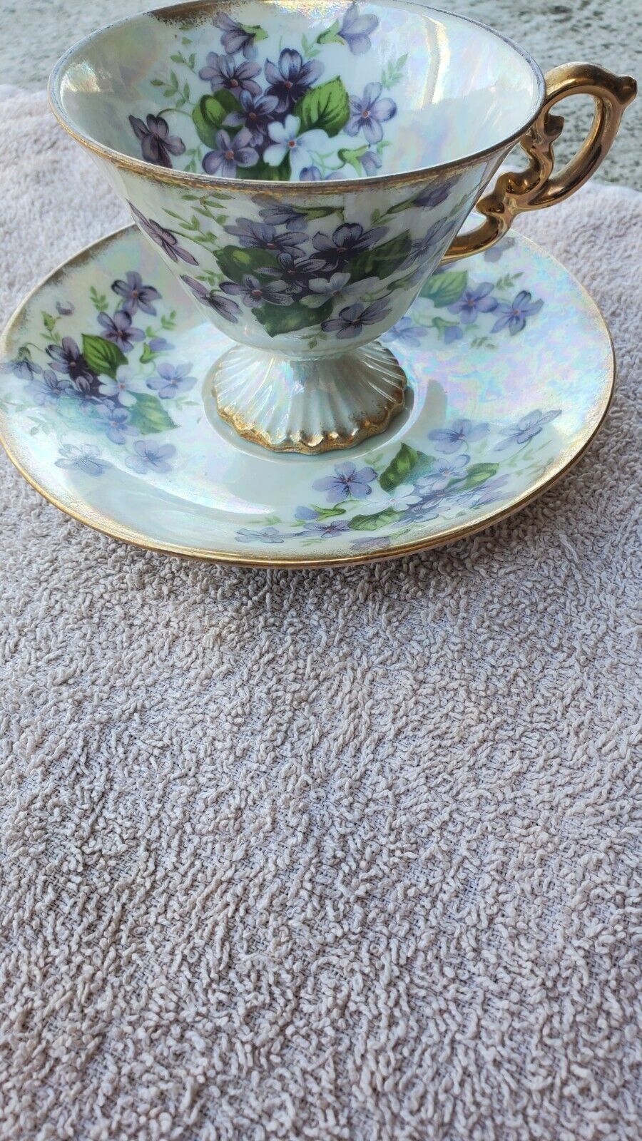 Vintage February Violet Footed Porcelain Teacup & Saucer iridescent lusterware 