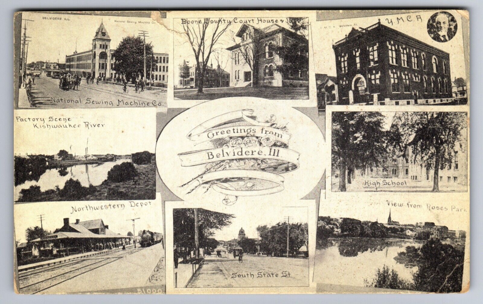 C.1910 BELVIDERE, IL, TRAIN DEPOT YMCA NATIONAL SEWING CO MULTIVIEW Postcard P40
