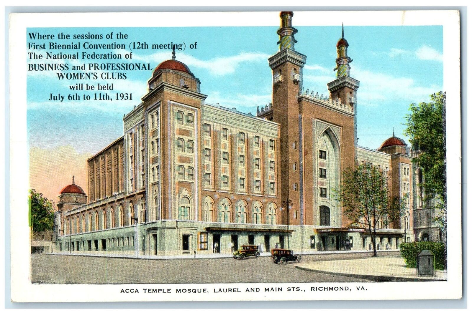 c1920's Acca Temple Mosque Building Laurel & Main St. Richmond Virginia Postcard