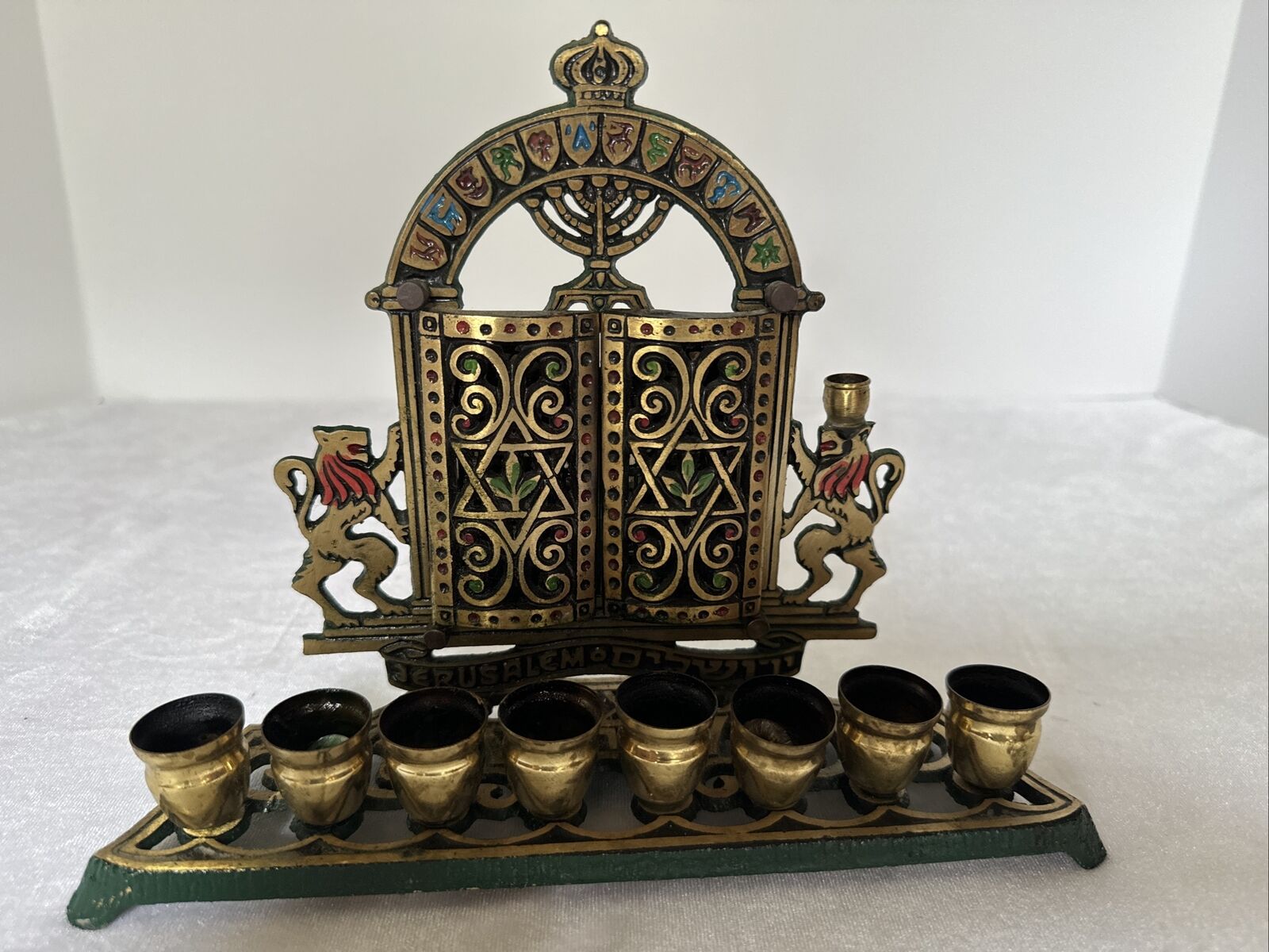Vintage JUDAICA HANUKKAH MENORAH Brass Lions Of Judah 10 Commandments