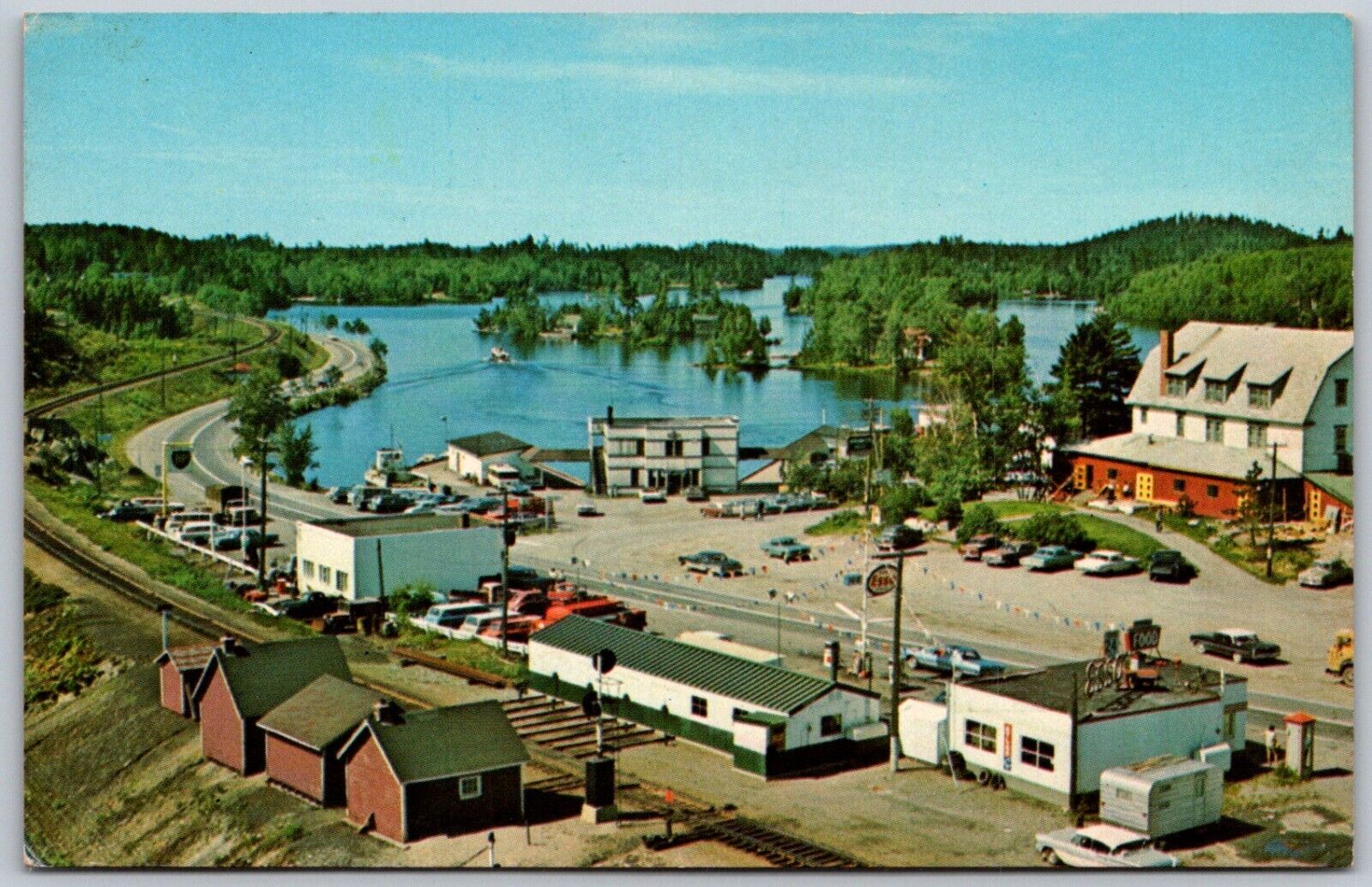 Postcard Temagami Ontario Canada Aerial View Lake Temagami Esso Gas Station P3A