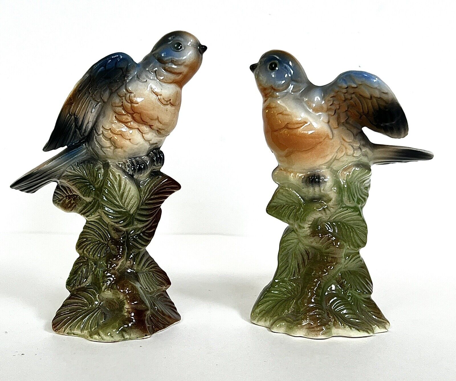 Pair Of Mid Century Blue Birds On Branch Vintage California Porcelain