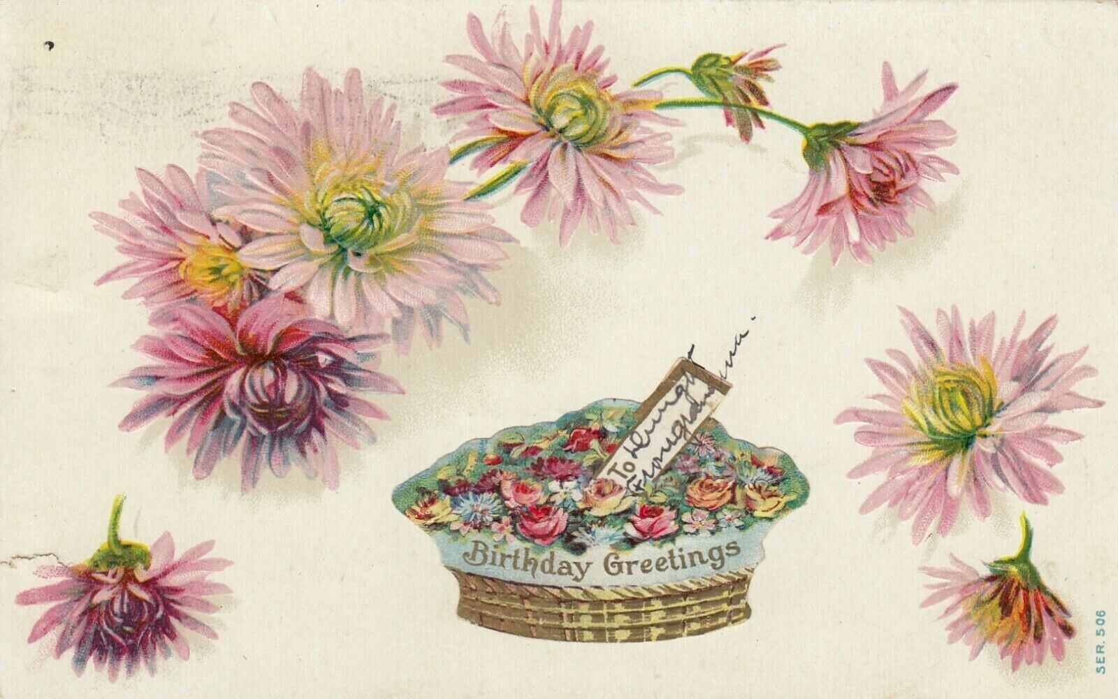 Vintage Birthday Postcard GREETINGS PINK  FLOWERS BASKET EMBOSSED POSTED