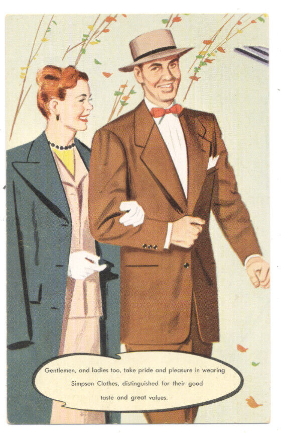 Great 1950s SIMPSON CLOTHES Ad Postcard with Classic Well-Dressed 1950s Couple