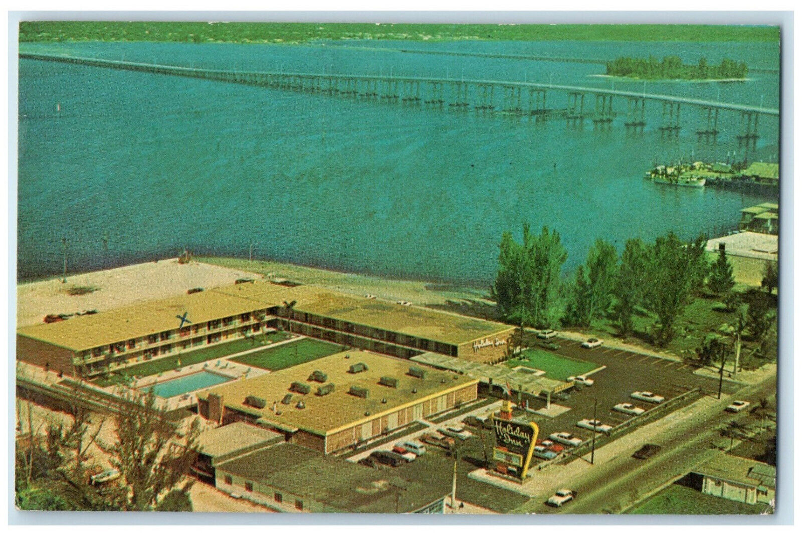1964 On Caloosahatchee River Walking Distance Holiday Inn FL Cancel Postcard