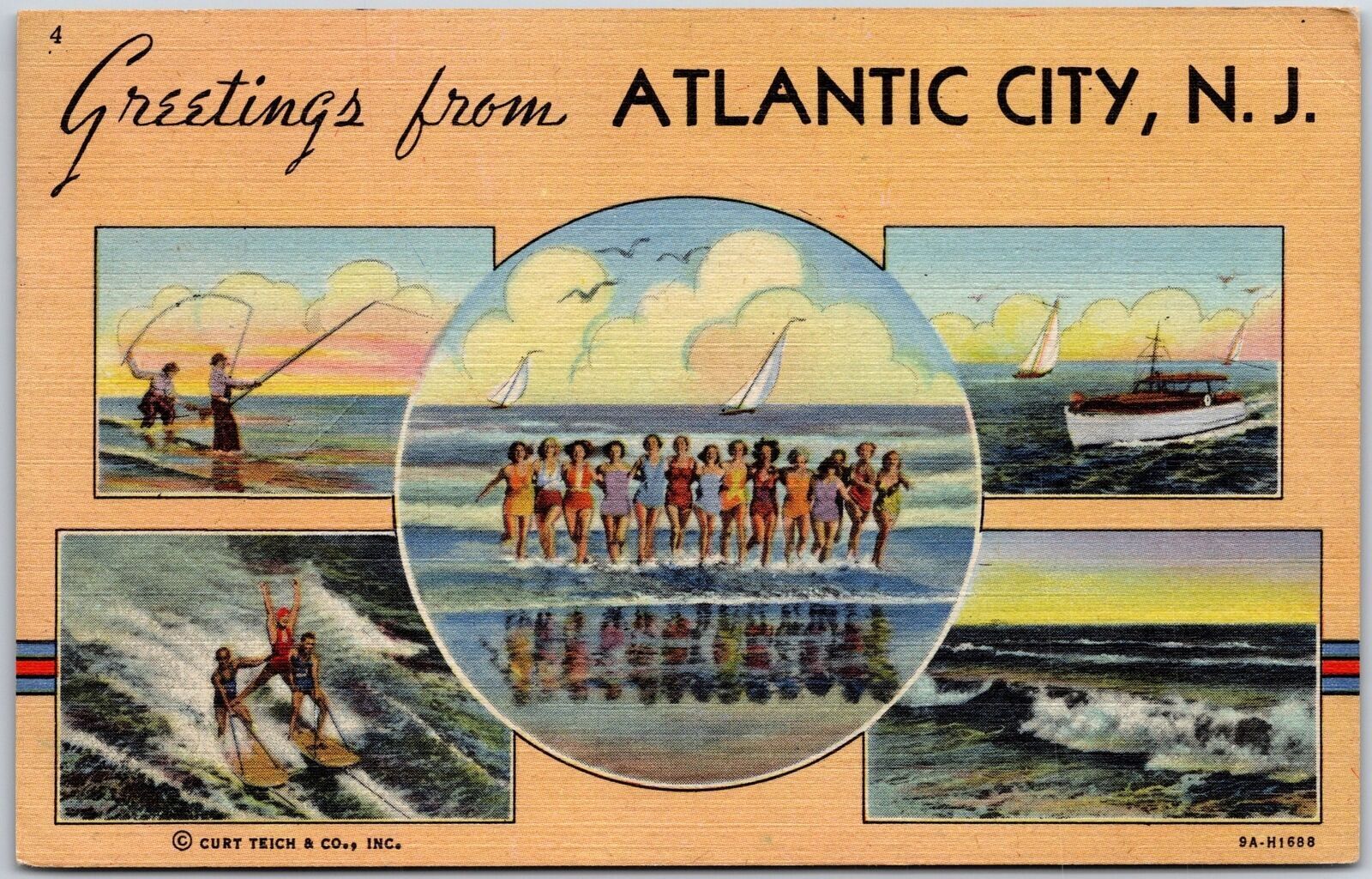 1950\'s Greetings From Atlantic City New Jersey NJ Beach Boat Vintage Postcard