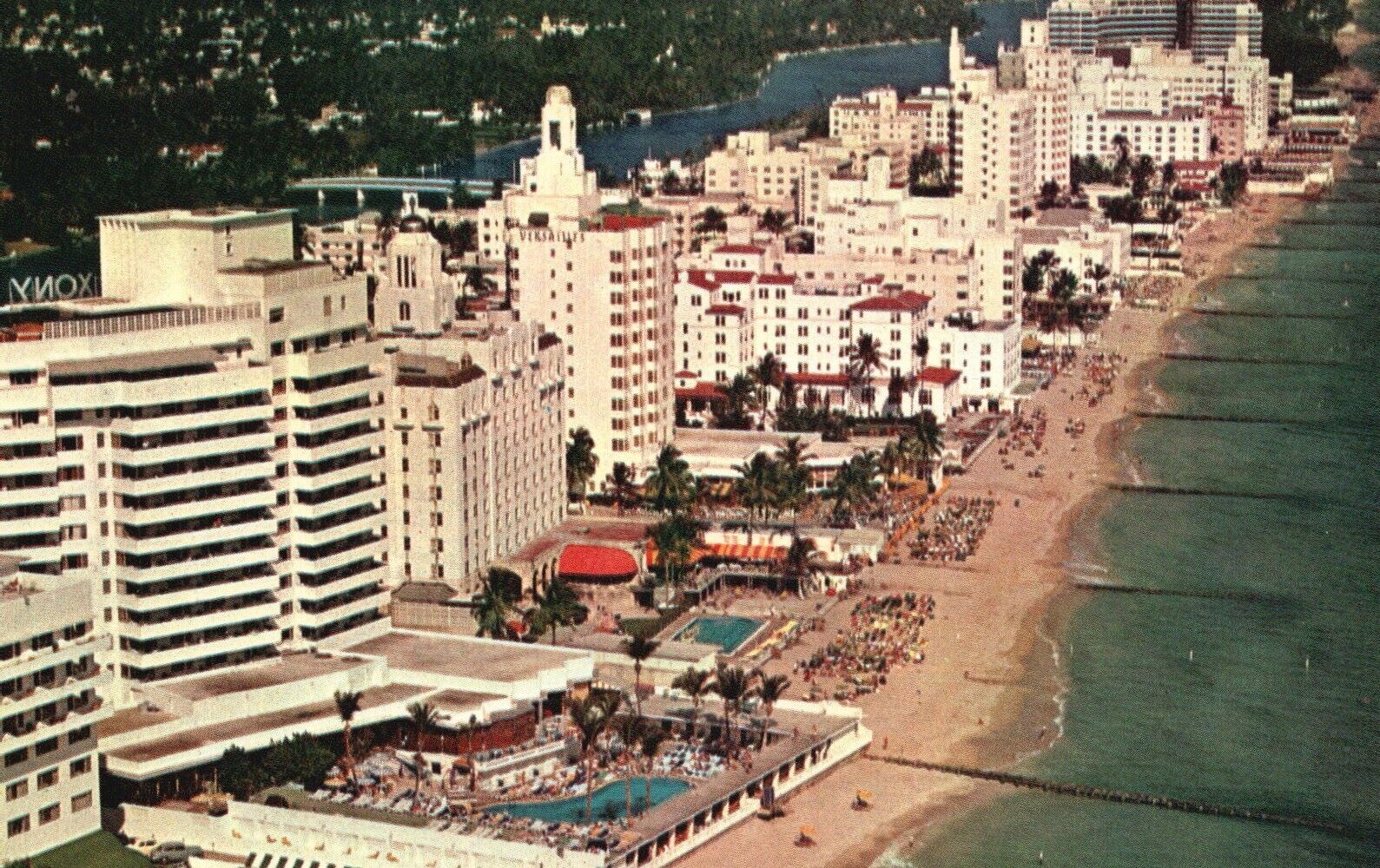 Postcard FL Miami Beach Hotel Row along Golden Sands 1955 Vintage PC J1683