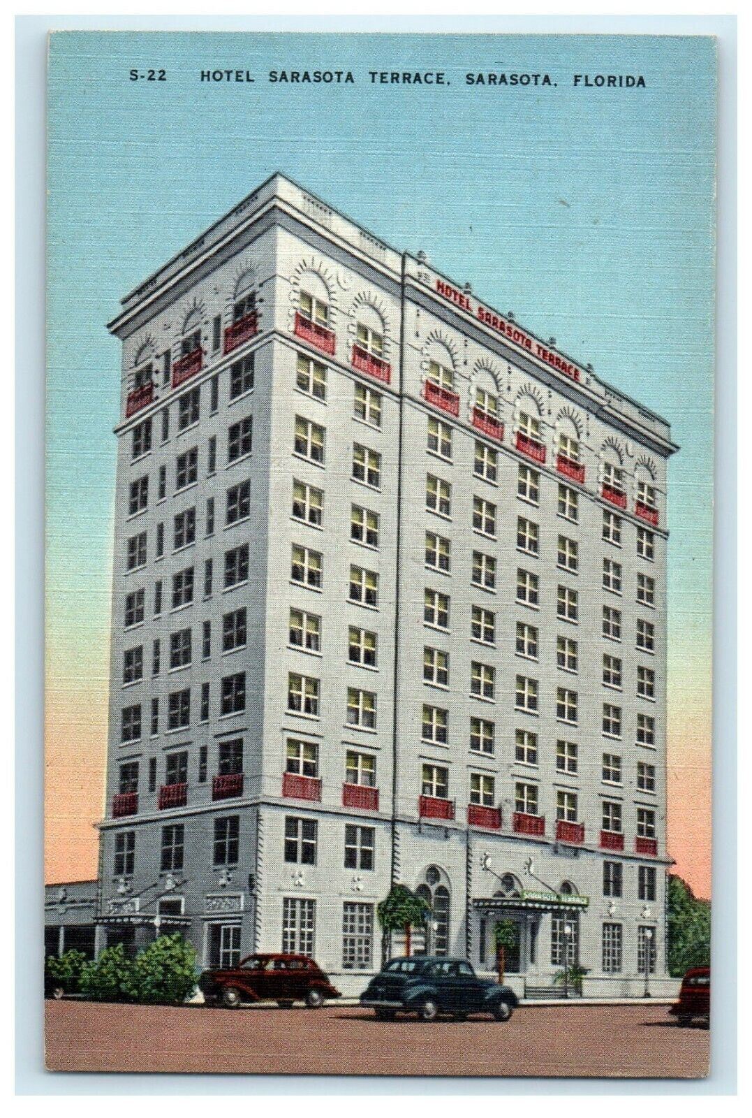 Hotel Sarasota Terrace Building Overlooking Sarasota Bay Florida FL Postcard