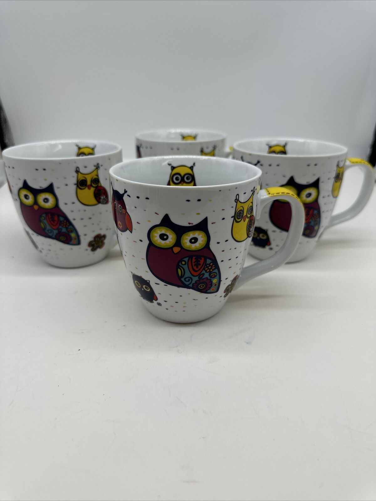 Set Of 4 Owl Coffee /  Tea Mug by Konitz Germany Oversized Colorful Thailand