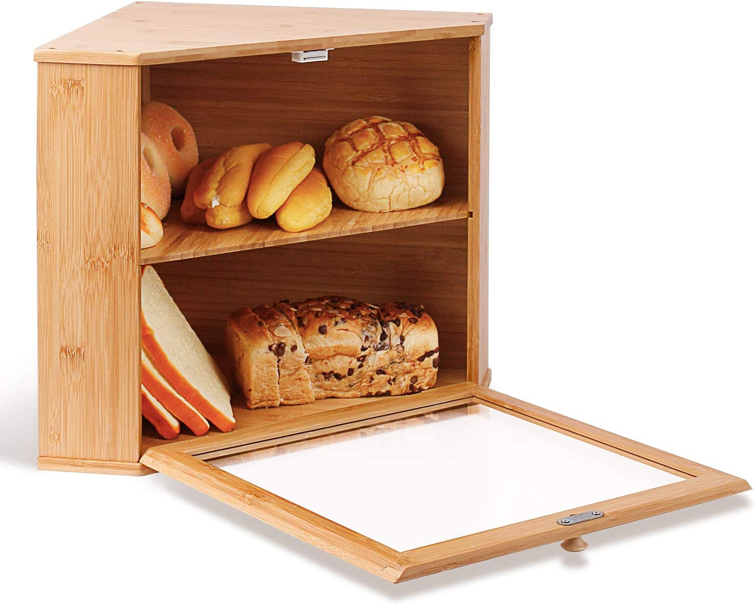 Double Layers Bamboo Corner Bread Box For Kitchen Counter Wooden Large Capaci...