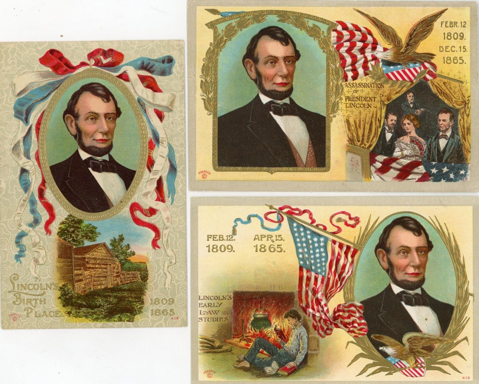 lot of three  1909 embossed Abraham Lincoln patriotic postcards