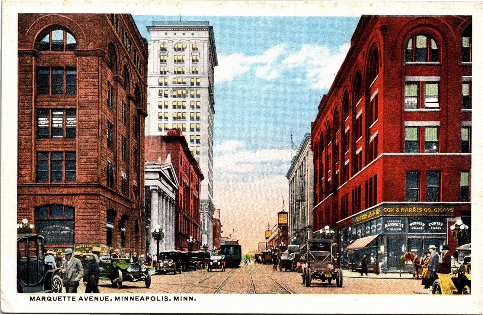 Postcard MN Minneapolis Marquette Avenue Streetcar Cigar Store Shops 1920s S110