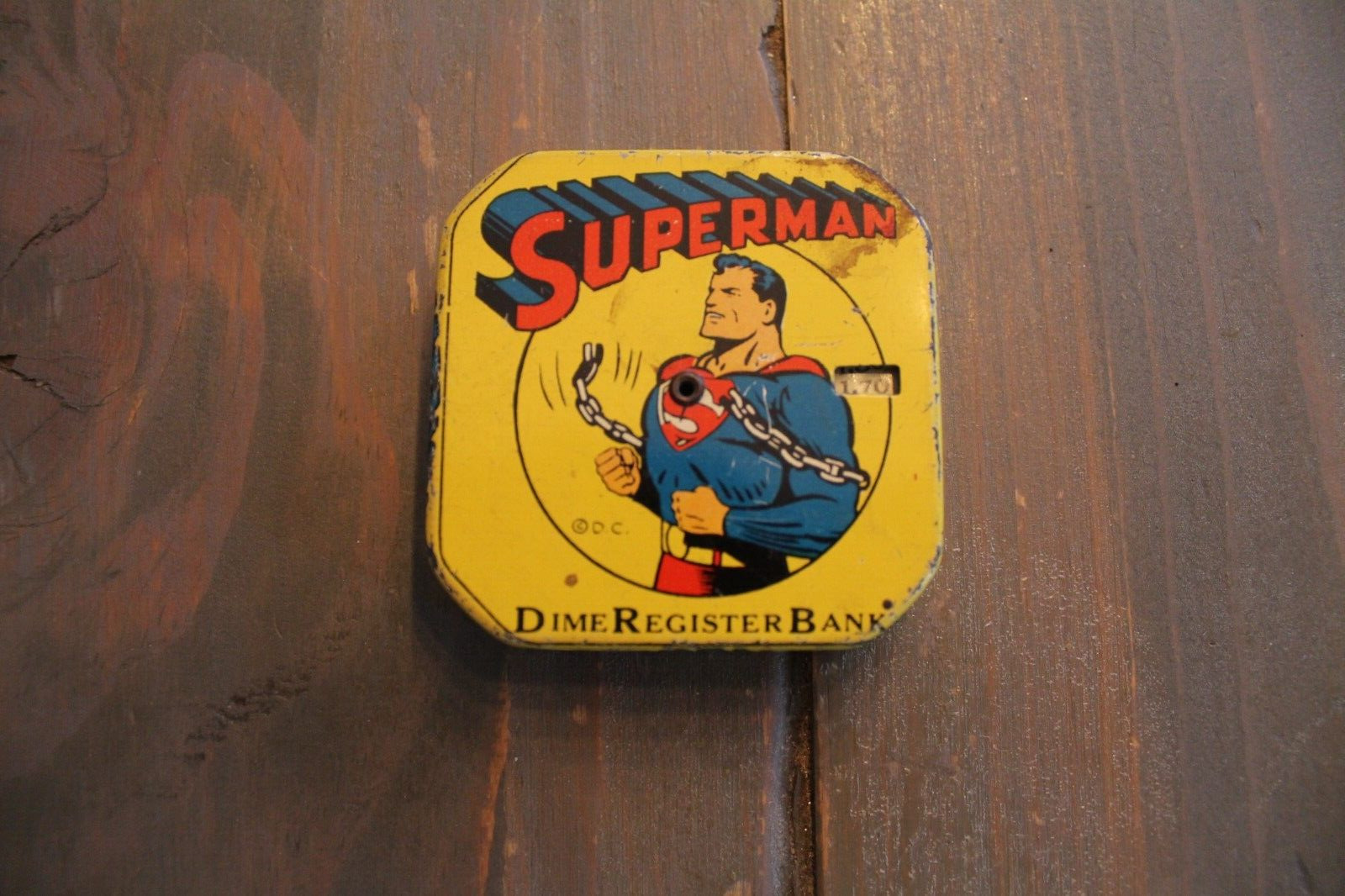 Vintage Superman Dime Register Bank - DC Comics 1940s Tin Bank - RARE