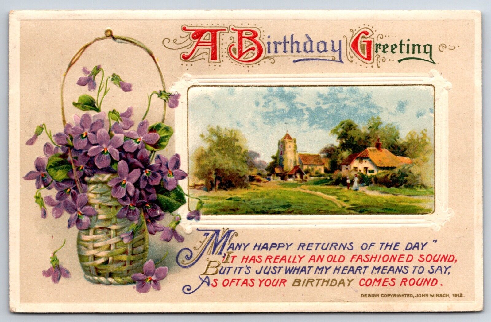 John Winsch c1912 Silk Embossed A Very Happy Birthday Raised Floral Postcard
