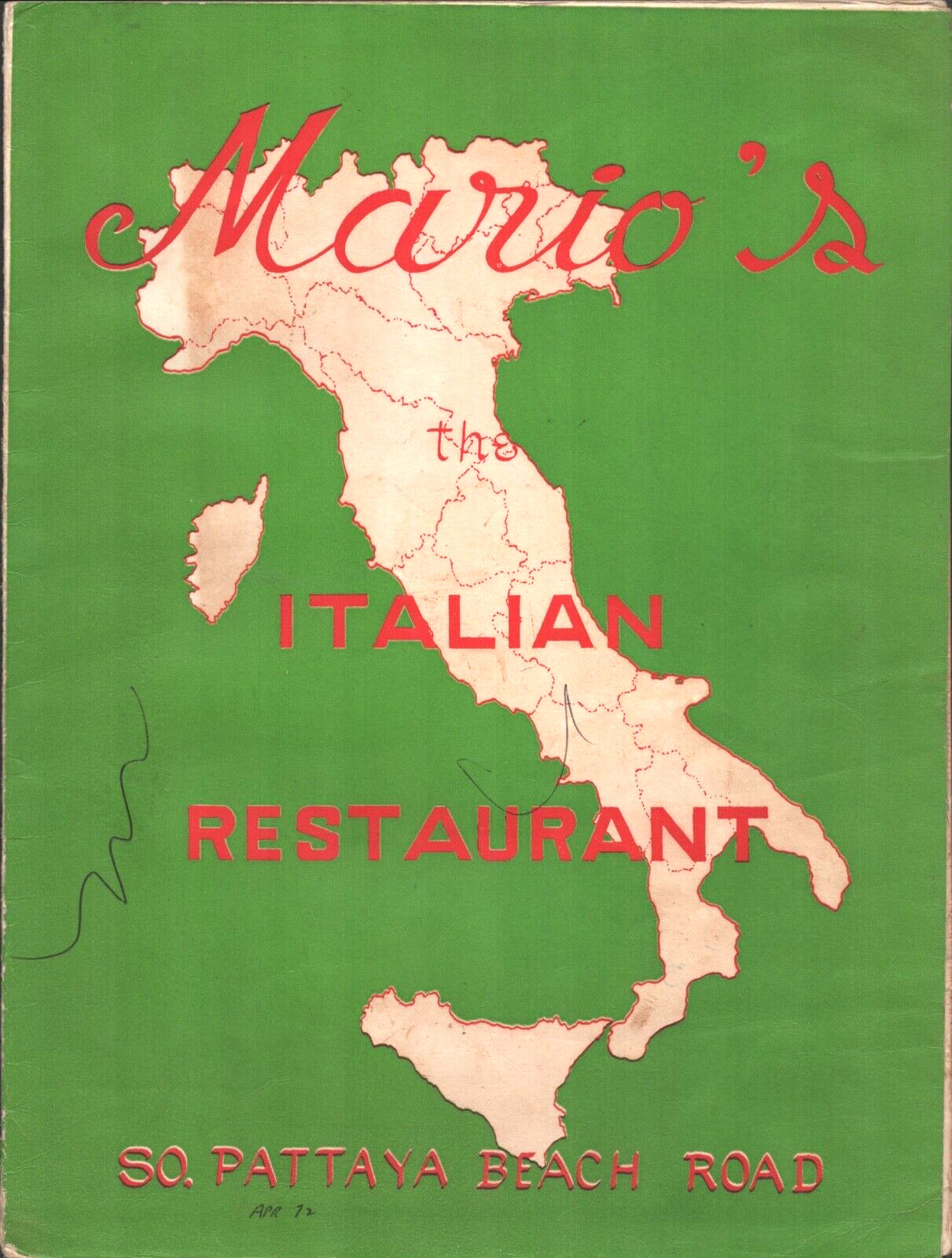 1970 MARIO'S THE ITALIAN RESTAURANT vintage dinner menu PATTAYA BEACH, THAILAND
