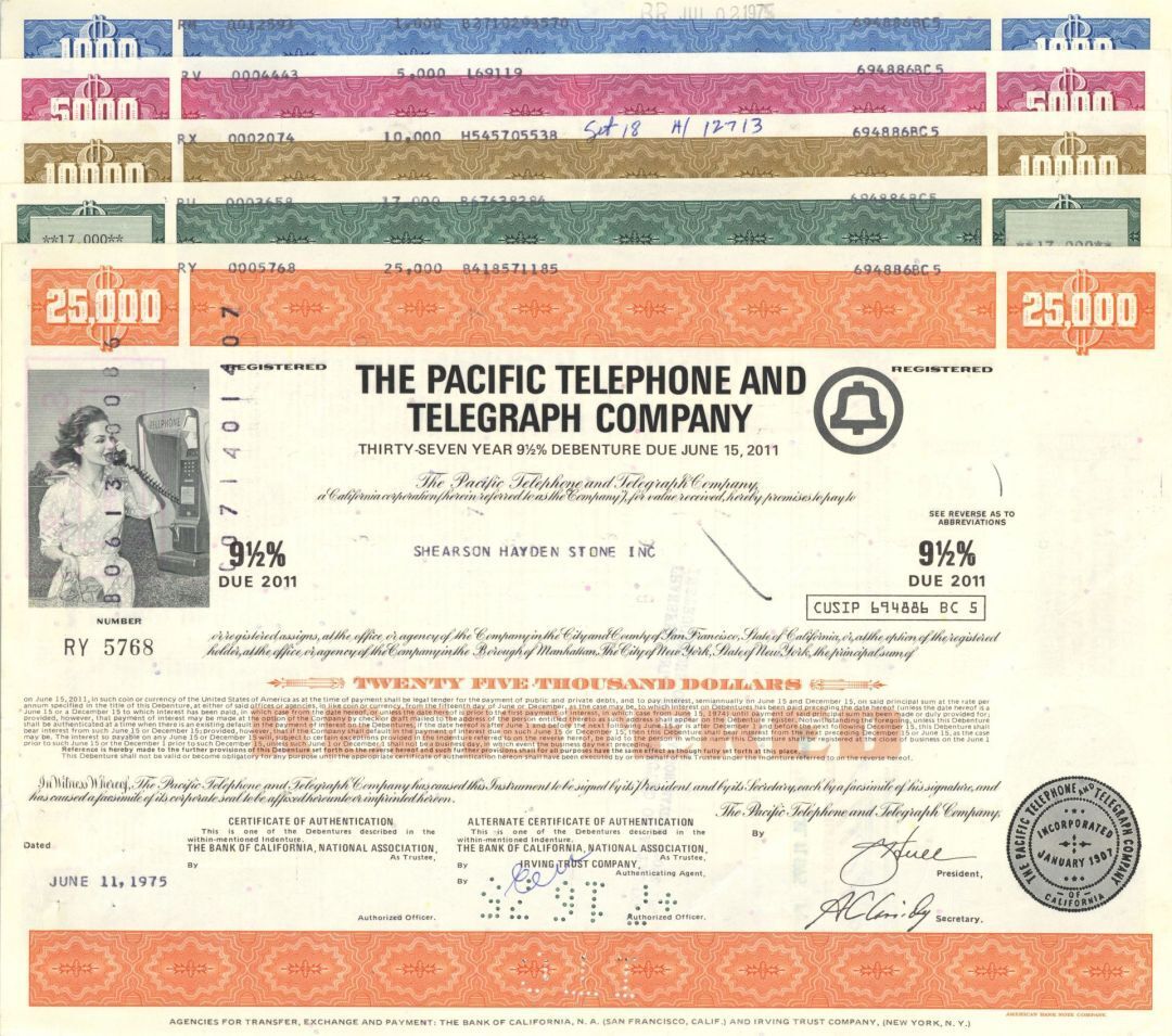 Pacific Telephone and Telegraph Co - 1970\'s dated Collection of 5 Bonds - Known 