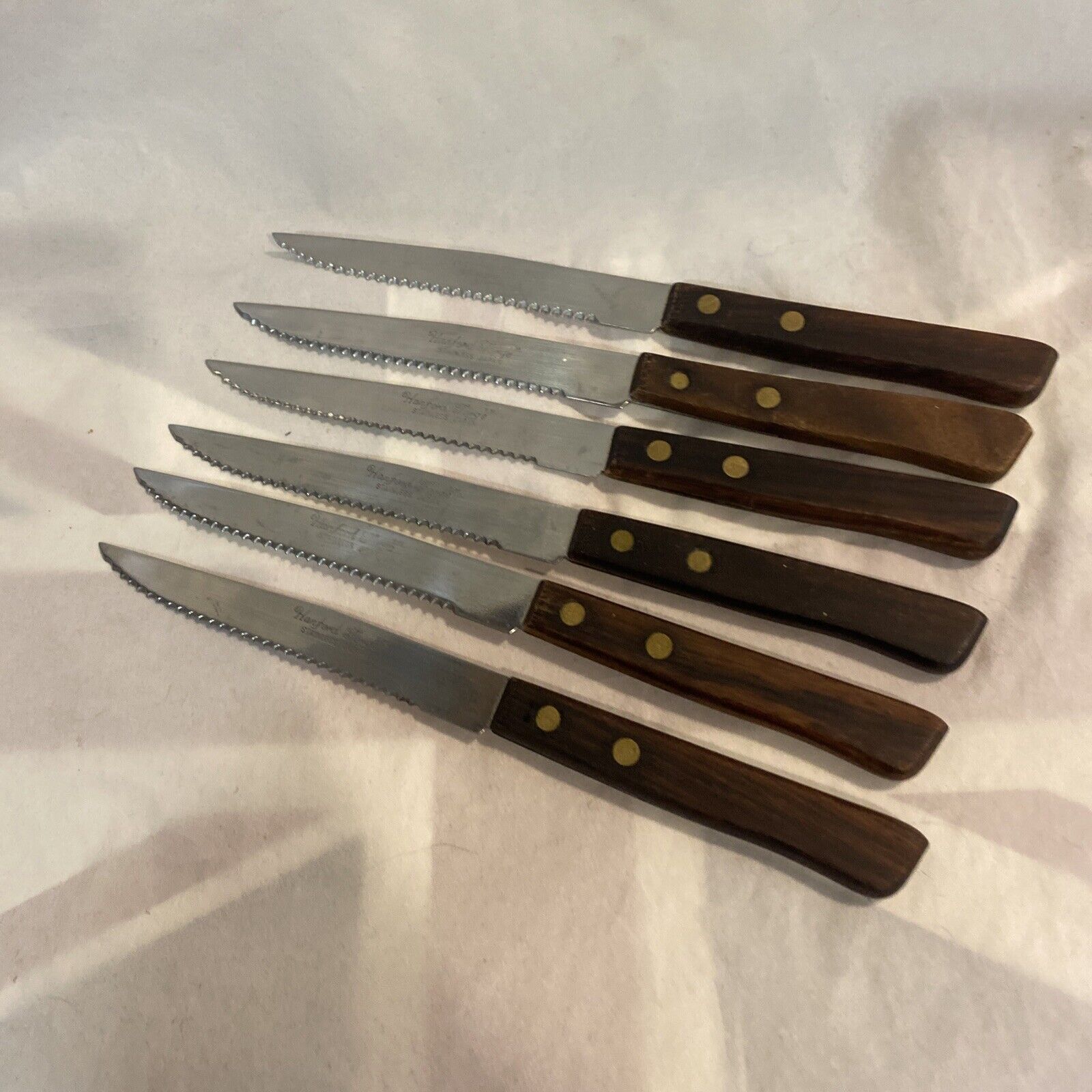 Hanford Forge Stainless Japan Lot Of 6 Wood Handle Steak Knives Vintage MCM 8”
