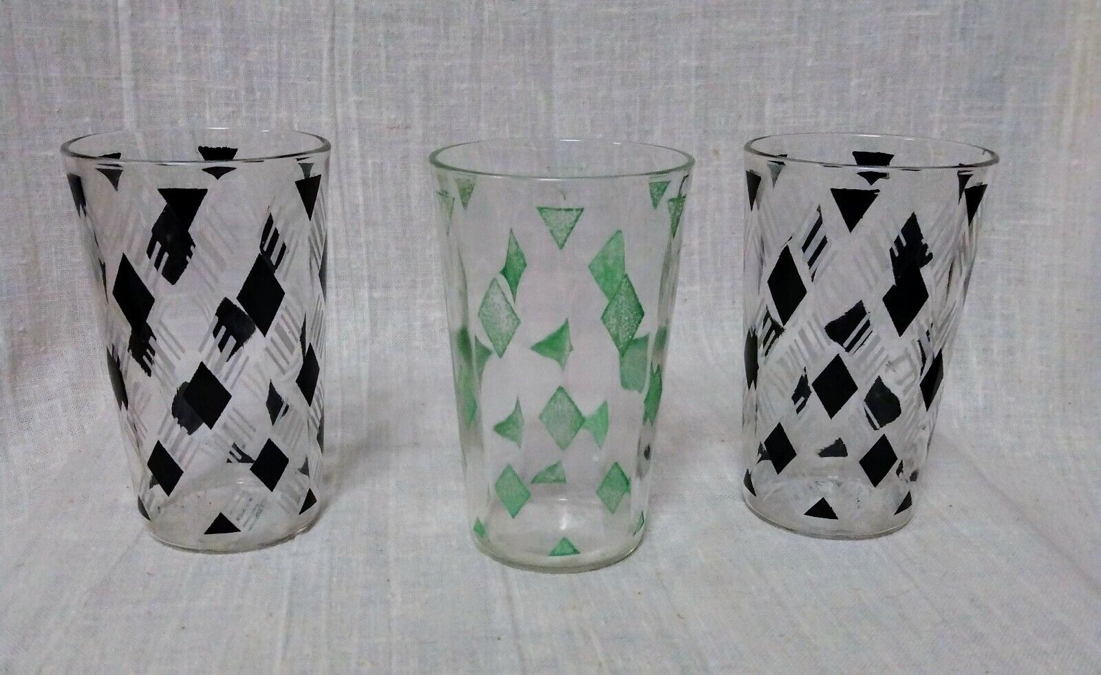 Vintage Juice Glasses Black White Green Diamond Pattern - Set of 3