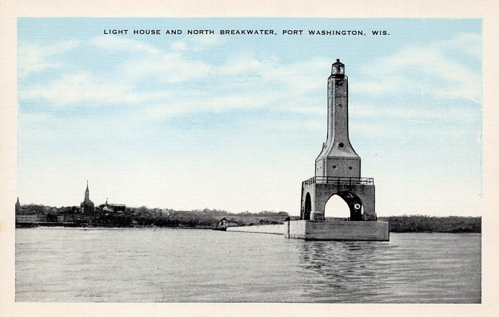 Port Washington WI Wisconsin Skyline Breakwater Lighthouse Vtg Postcard C22