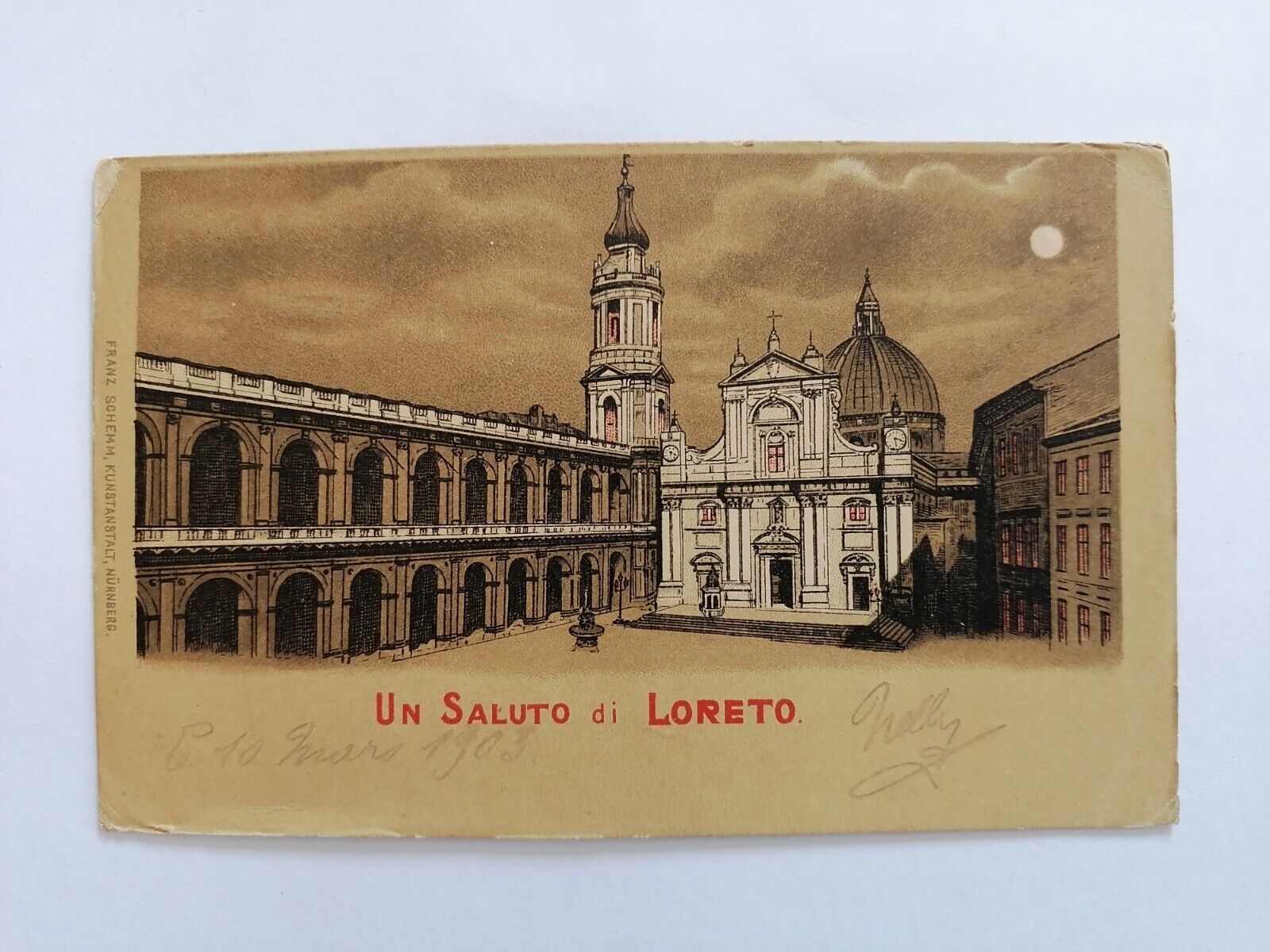 Litho Postcard ITALY UN SALUTO DI LORETO Cachet HOTEL DELLA PACE E. Gemini