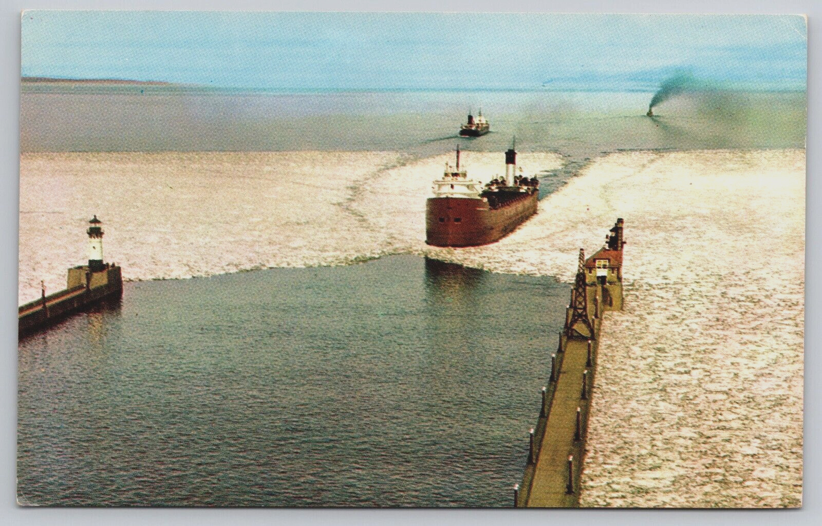 Ore Freighter Ship Duluth Superior Harbor MN Lighthouse Ice Floe Vtg Postcard D4