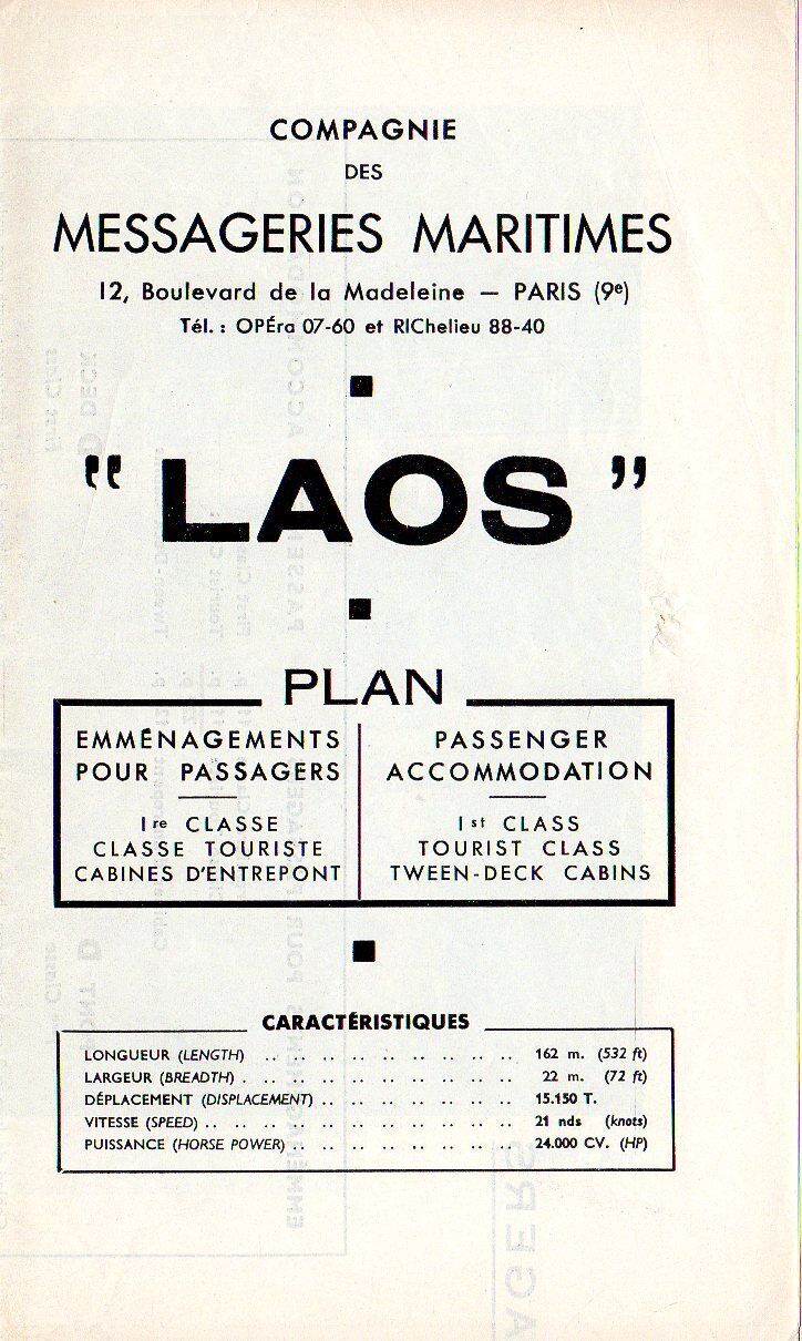 1950s Messageries Maritimes LAOS Tissue Deck Plan w/ 9 Large Interior Photos