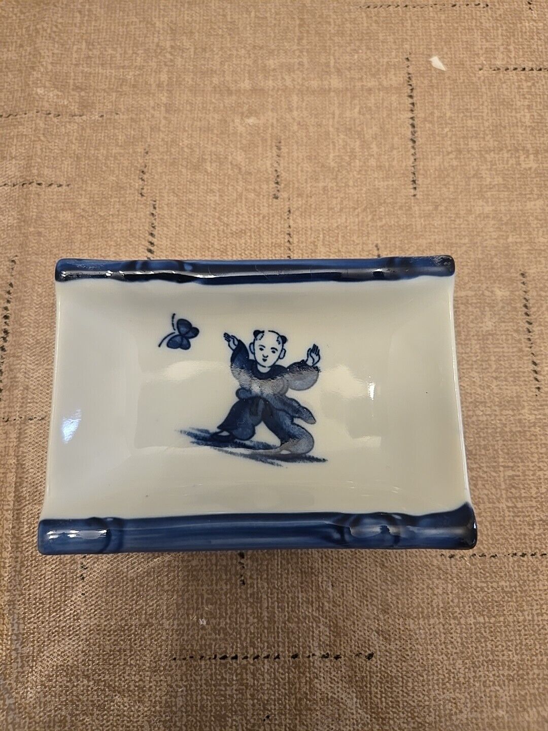 Vintage Asian Japanese Blue/White Porcelain Rectangular Sauce Dish. Small, Nice
